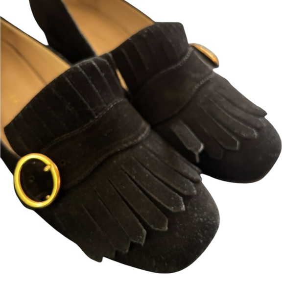 Marc Fisher Mabel Fringe Block 1.5 Heel Loafers 6.5M Gold Buckle Suede Leather - Picture 3 of 8